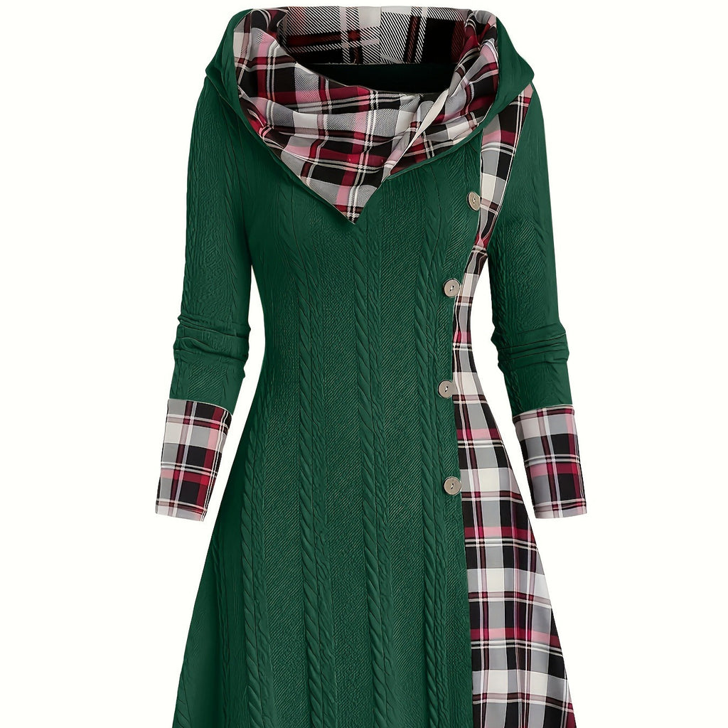 Women's Hooded Sunken Stripe Sweater Long Sleeve Leisure Pullover Dress