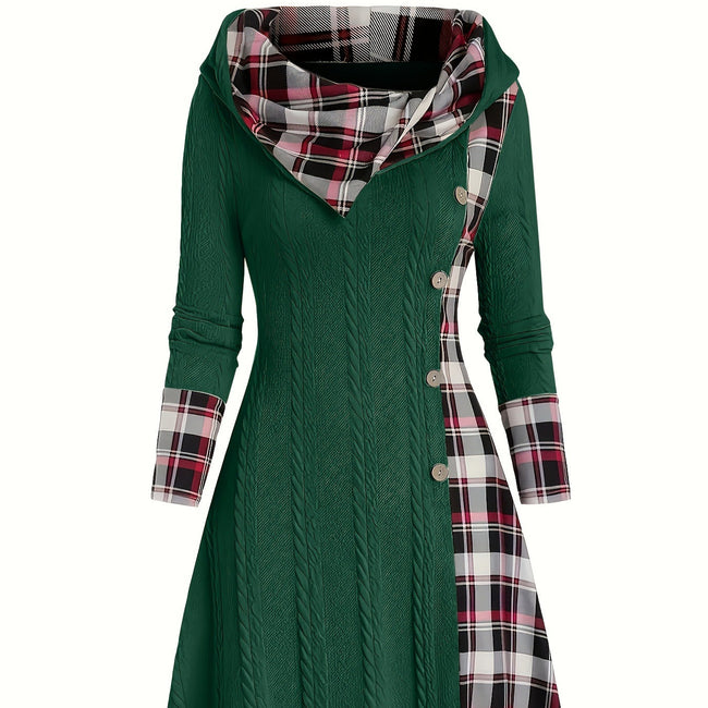 Women's Hooded Sunken Stripe Sweater Long Sleeve Leisure Pullover Dress Main Image