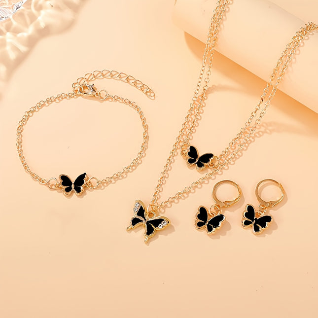 Rose Gold Butterfly Set 4Pc Necklace Earrings Bracelet