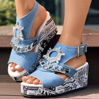 Newspaper Buckle Denim Wedge Slides - Anklet Not Included