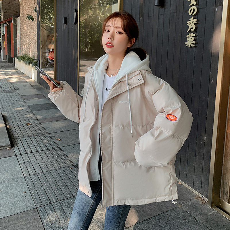 Korean Style False Two-piece Loose Hooded Coat
