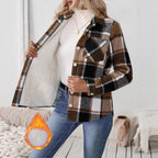 Woolen Woven Plaid Button Shirt Collar Jacket Top