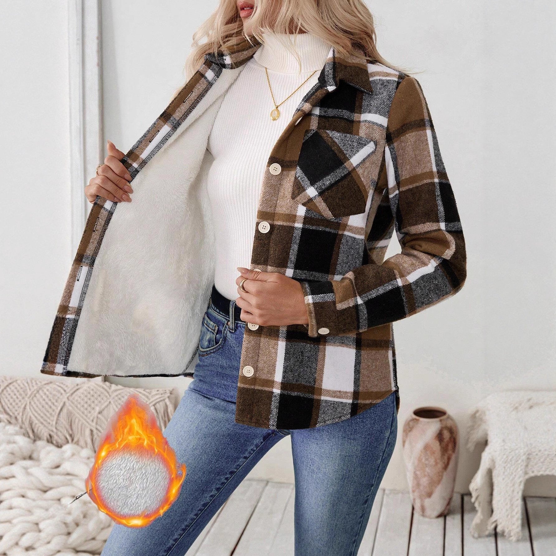 Woolen Woven Plaid Button Shirt Collar Jacket Top