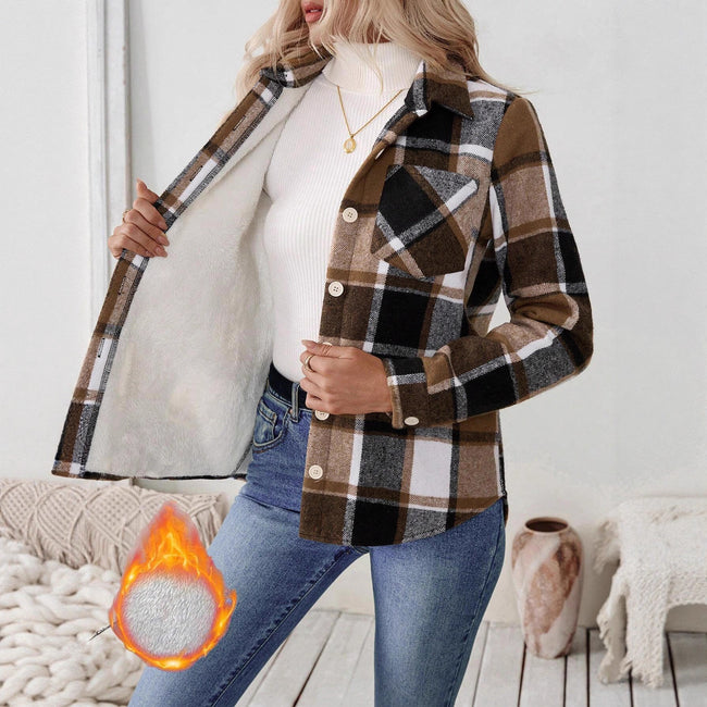 Woolen Woven Plaid Button Shirt Collar Jacket Top Main Image