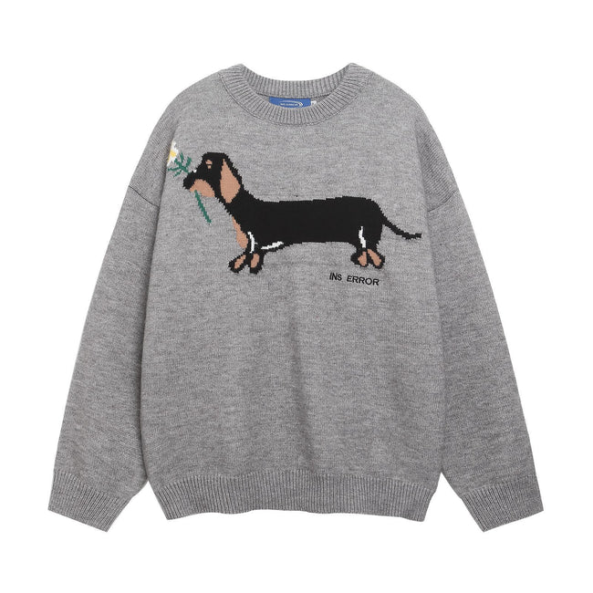 American Retro Sausage Puppy Jacquard Round Neck Sweater Hover Image