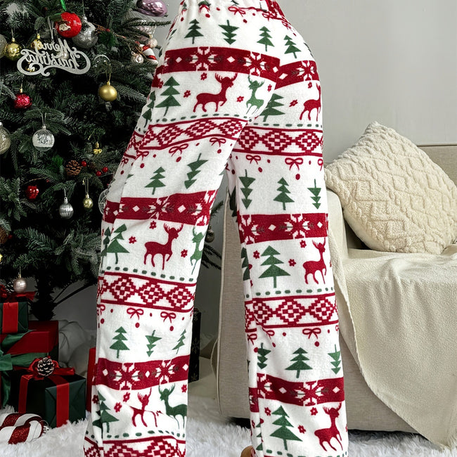 Christmas Plush Warm Pattern Printing Casual And Comfortable Loose Straight Trousers Main Image