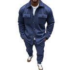 Men's Suede Solid Color Single-breasted Tooling Cardigan Two-piece Set