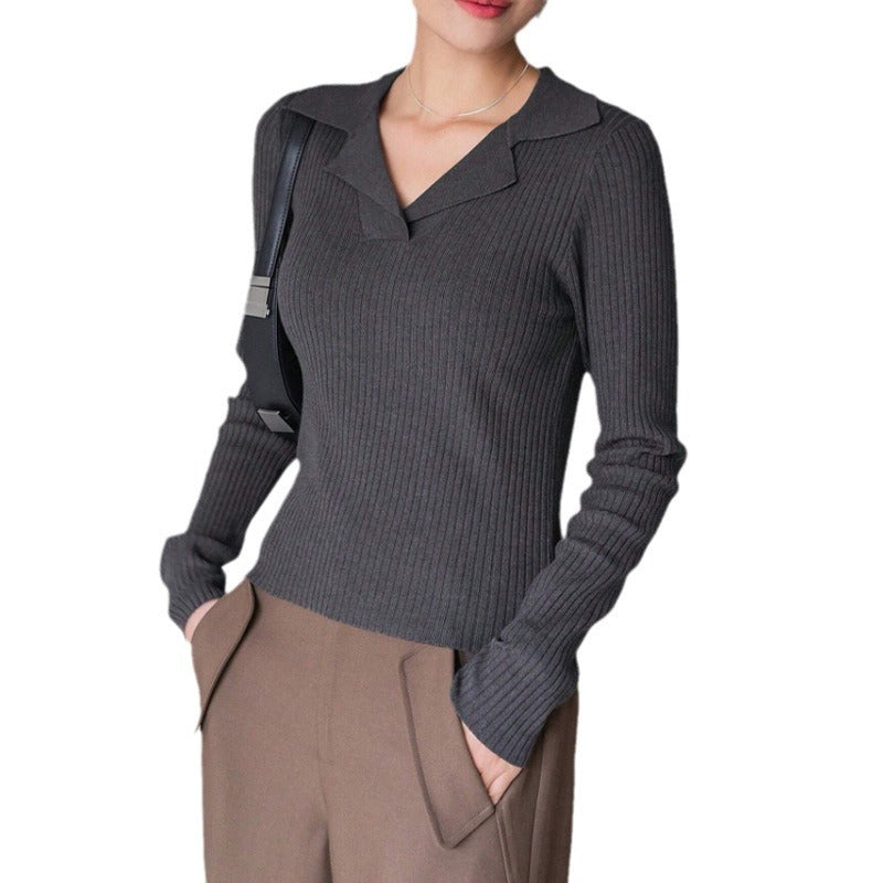 V-neck Hemmed Pullover Sweater Vertical Pattern Sunken Stripe Solid Color