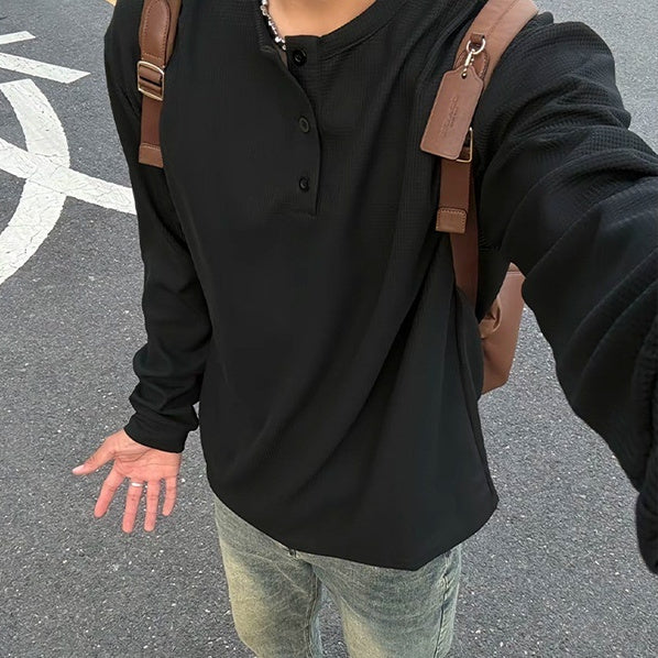 Black American Henry Collar Long-sleeved Men's Top