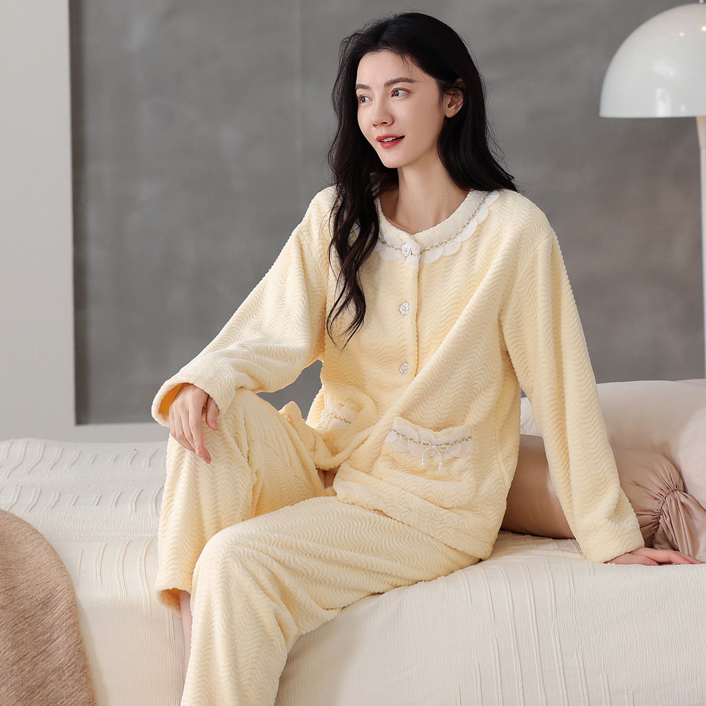 Women's Flannel Warm Cardigan Thickened Pajamas