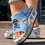 Newspaper Skull Original Hem Platform Wedge Slides - Anklet Not Included