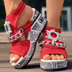 Newspaper Buckle Denim Wedge Slides - Anklet Not Included
