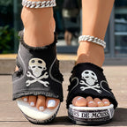 Newspaper Skull Original Hem Platform Wedge Slides - Anklet Not Included