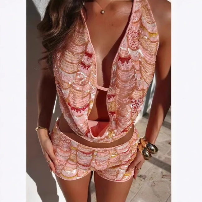 Casual Slim Fit Mermaid Sequined Backless Sexy Overall Dress Set Main Image