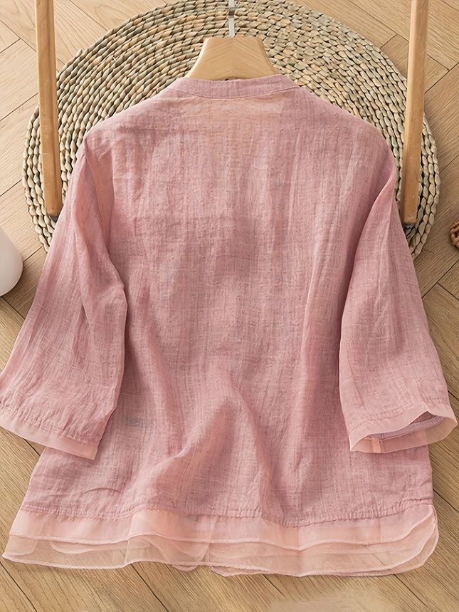 Vintage Bohemian Embroidered Blouse Soft Pink Long Sleeve