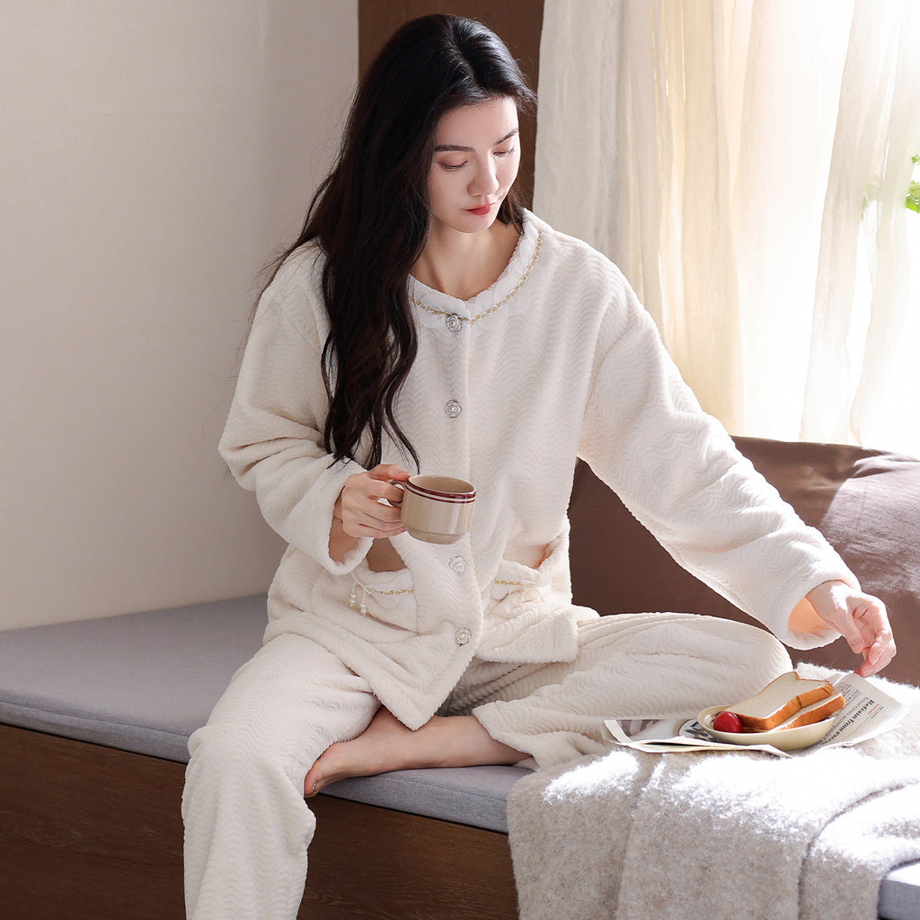 Women's Flannel Warm Cardigan Thickened Pajamas