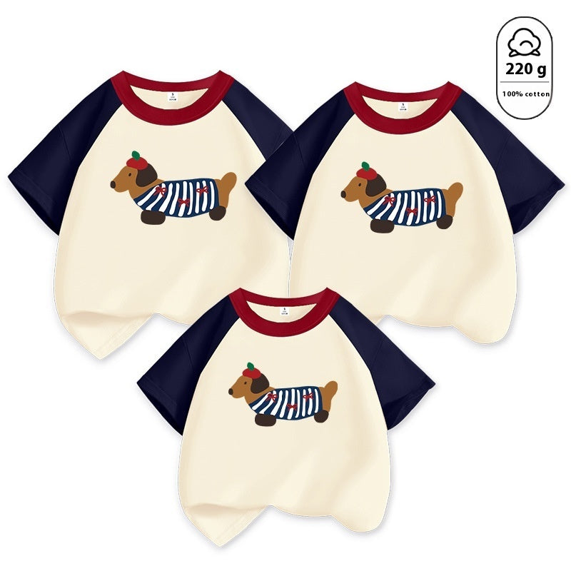 Dog Western Style Mother-daughter Matching Outfit Cotton Short Sleeve Contrast Color Korean Style