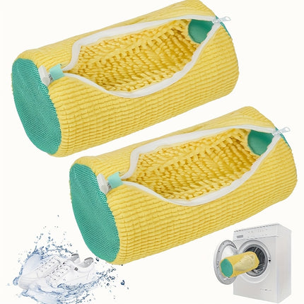 Yellow Polyester Shoe Wash Bag With Mesh Pockets Zipper