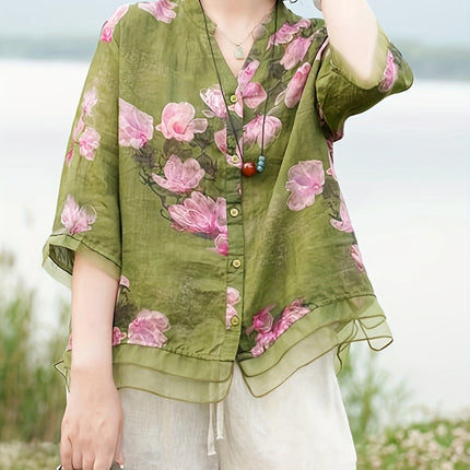 Womens Casual Floral Blouse Light Pink Purple Sleeve