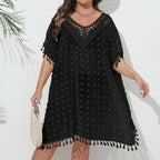 Three-dimensional Chiffon Sexy See-through Tassel V-neck Patchwork Beach Dress