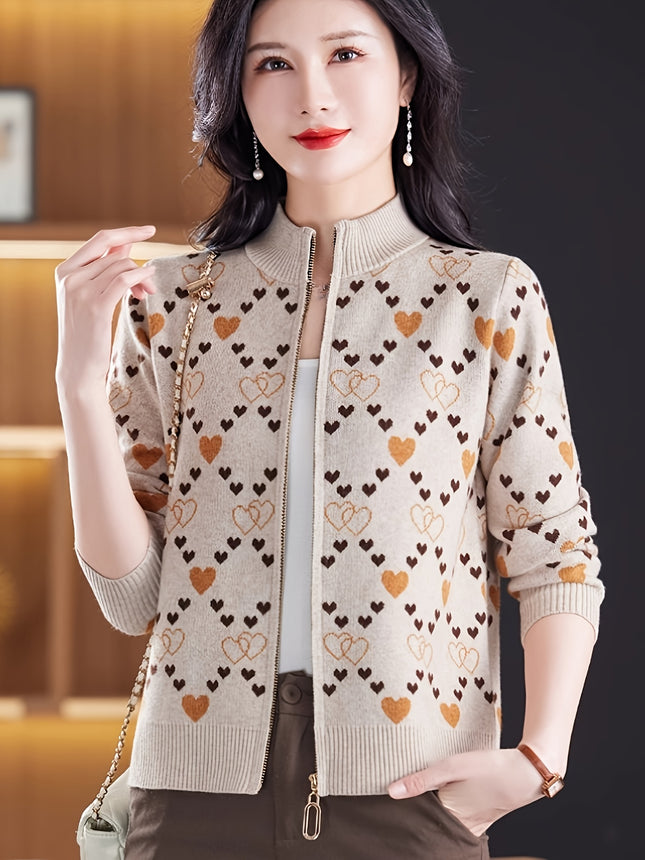 Women's Cardigan Sweater Brown Heart Zip Up Fall Winter