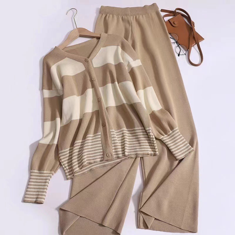 Korean Style Western Style Youthful-looking Striped V-neck Knitted Cardigan Wide Leg Pants Fashion Two-piece Suit