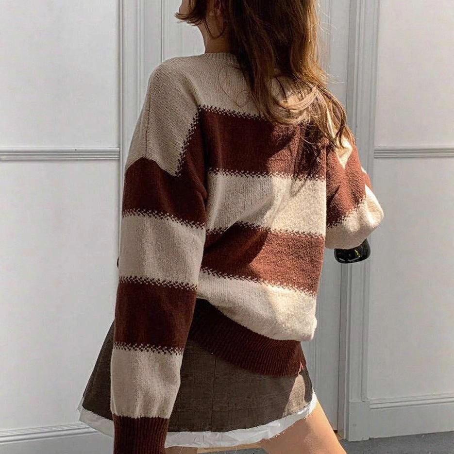 Idle Style Striped Contrast Color Autumn Round Neck Pullover Dinified Sweater
