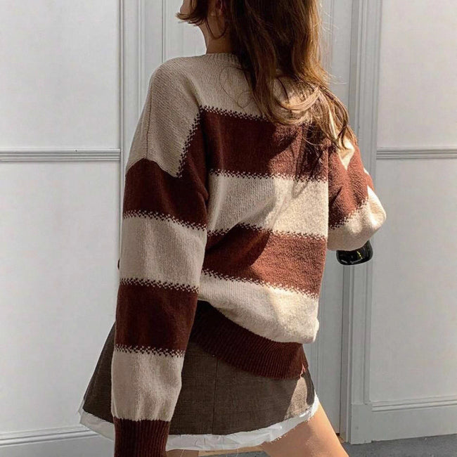 Idle Style Striped Contrast Color Autumn Round Neck Pullover Dinified Sweater Main Image