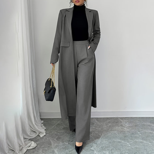 Women's 2 Piece Suit Set, Long Blazer Jacket And Straight Leg Pants, Business Formal Office Outfits For Work, NO Lining Main Image