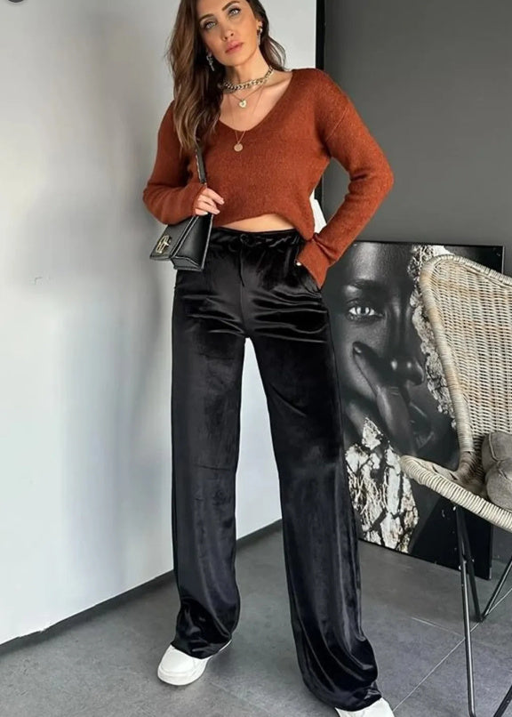 Black Shiny Velvet Drawstring High Waist Straight Leg Casual Pants Main Image