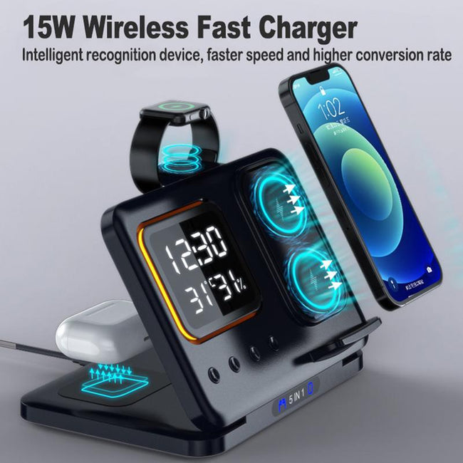 15W Wireless Chargers Stand 5 In1 LED Digital Alarm Clock Fast Charging Dock Station Main Image