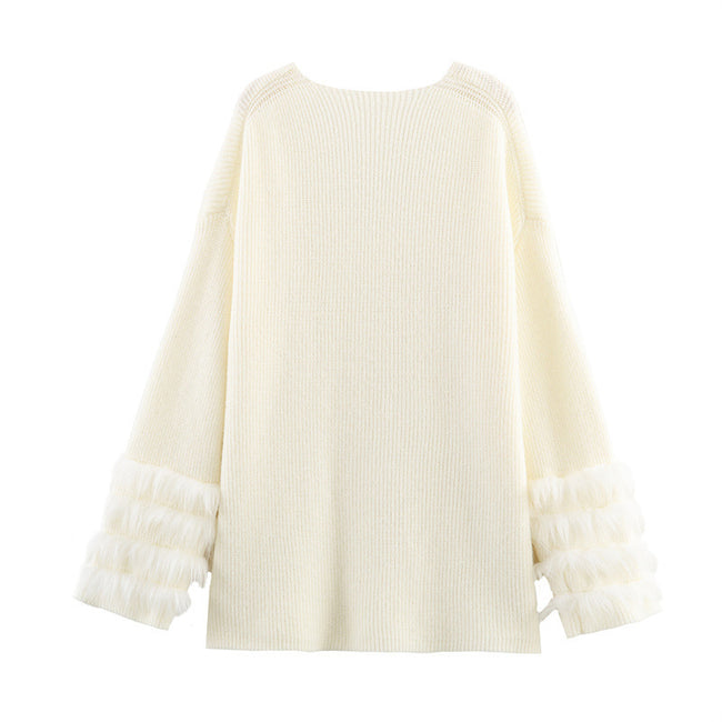 Casual V-neck Cuff Furry Knitted Dress Main Image