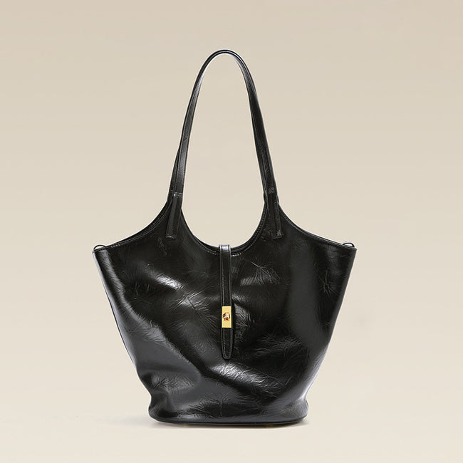 Niche Premium Black Large Capacity Leather One-shoulder Bucket Bag Main Image