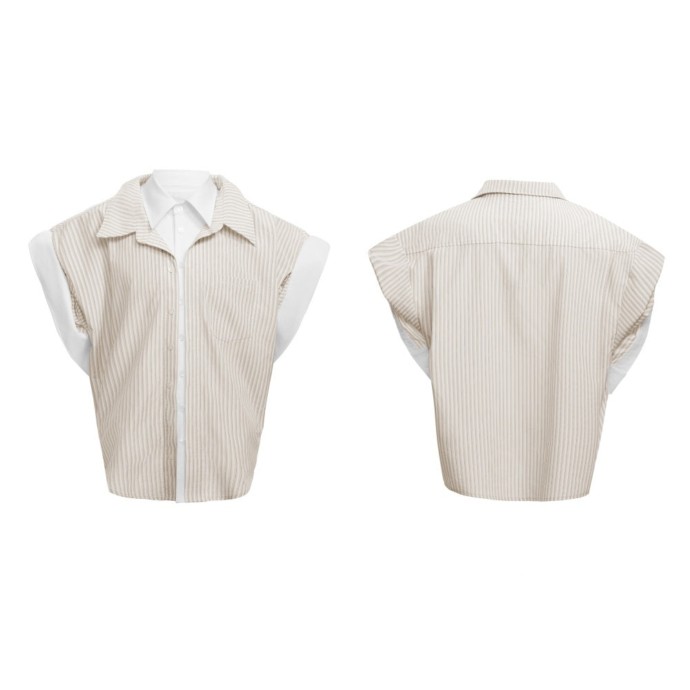 College Blue Striped Shirt Fake Two Pieces Short Sleeve Cardigan