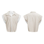 College Blue Striped Shirt Fake Two Pieces Short Sleeve Cardigan