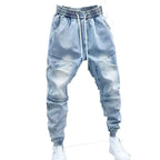 Men's New Light Blue Jeans Elastic Ankle Banded Pants