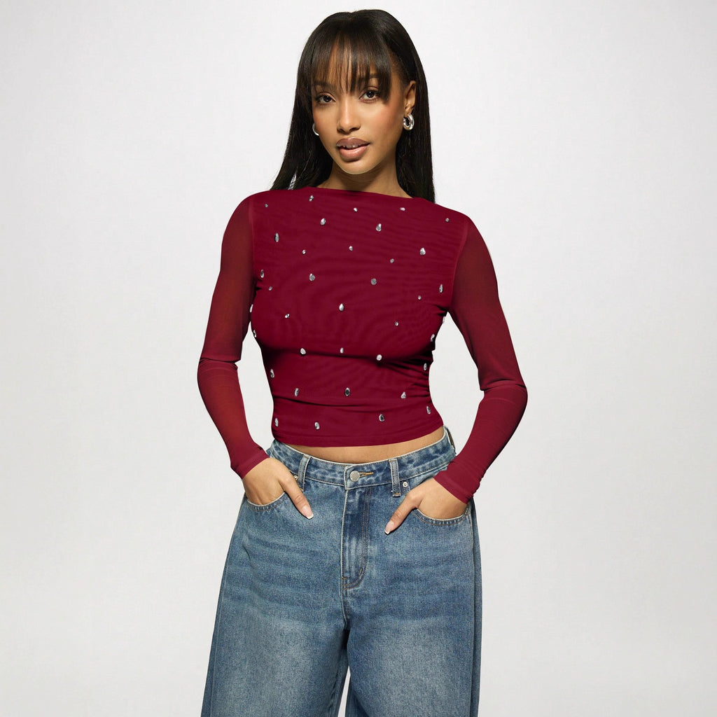 Long Sleeve Double-layer Mesh Rhinestone Fashion Women's Western Style Bottoming