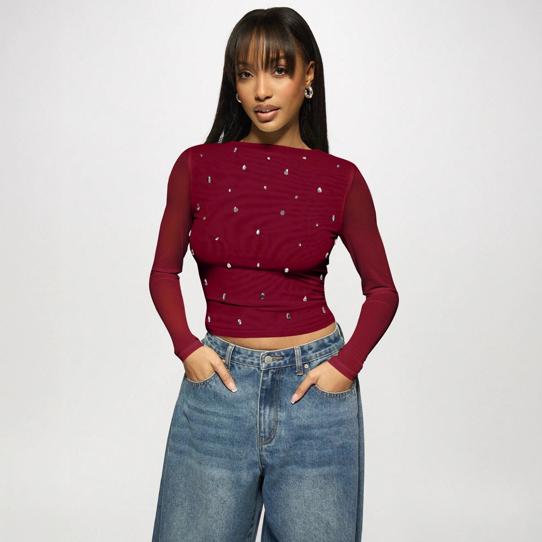 Long Sleeve Double-layer Mesh Rhinestone Fashion Women's Western Style Bottoming