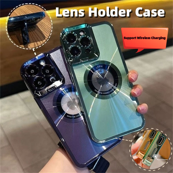 Electroplated Phone Case Luxury Plating CD Pattern Magsafe Bracket Case For  12 13 14 Pro Max Invisible Camera Stand Holder Lens Holder Magnetic Suction Hover Image
