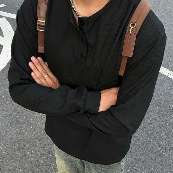 Black American Henry Collar Long-sleeved Men's Top