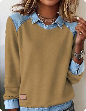 Denim Collar Long Sleeve Pullover Patchwork Knitwear Top