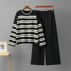 Casual Striped Loose Sweater Wide Leg Pants Two-piece Set