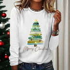 Women's Long Sleeve Merry Christmas T-Shirt, Cute Christmas Tree Graphic Tee, Funny Holiday Party Top