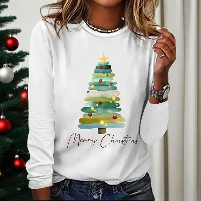 Women's Long Sleeve Merry Christmas T-Shirt, Cute Christmas Tree Graphic Tee, Funny Holiday Party Top Hover Image