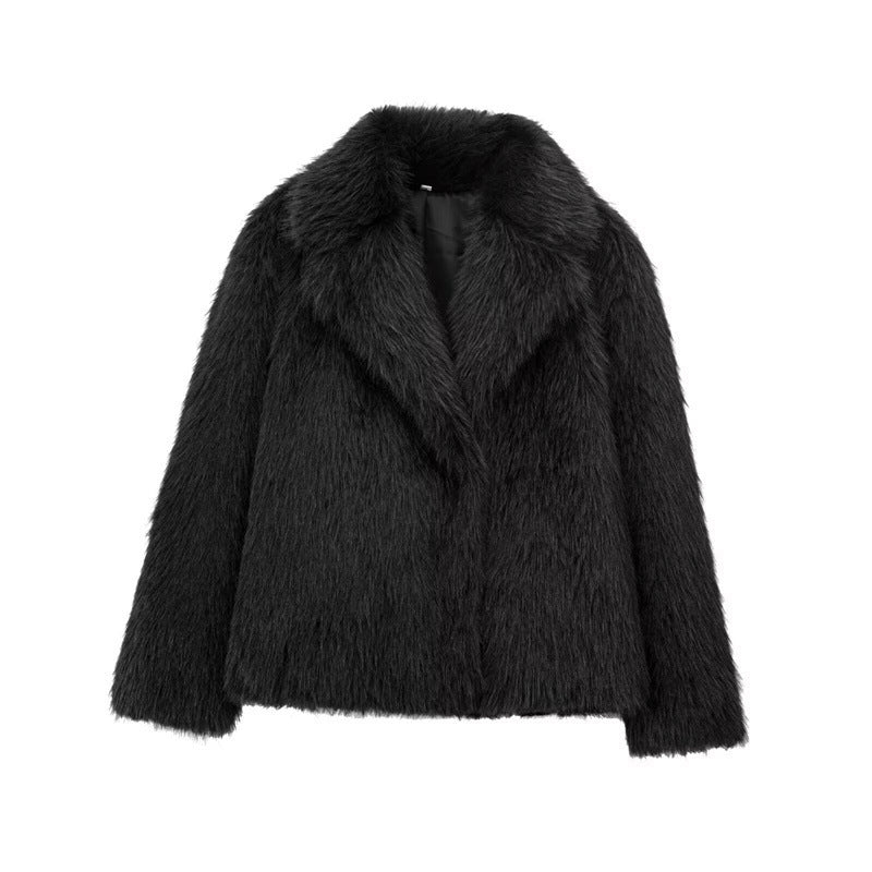 Women's Solid Color Fashionable Temperament Lapel Faux Fur Jacket
