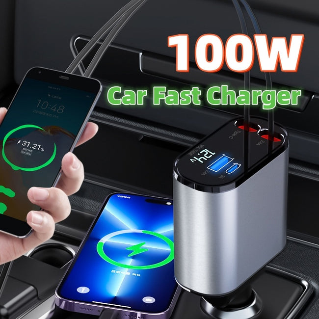 Metal Car Charger 100W Super Fast Charging Car Cigarette Lighter USB And TYPE-C Adapter Hover Image