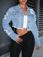 Wash Long Sleeve Lapel Ripped Burr Denim Coat