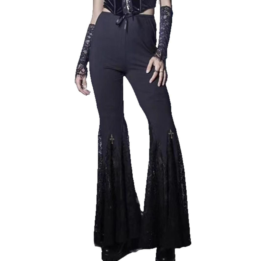 Sexy Lace Stitching Dark Style Cross Bell-bottom Pants