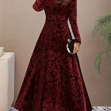 Floral Pattern Velvet Dress Square Neck Long Sleeve