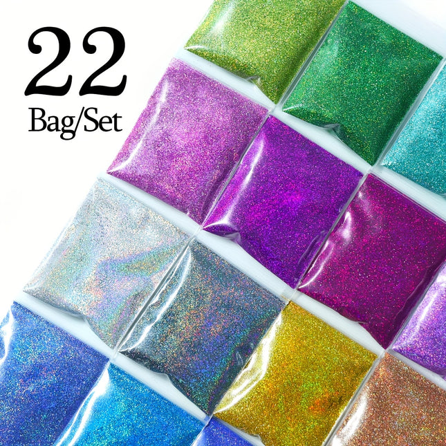 RIKONKA 22 Pcs Holographic Nail Glitter Rainbow Colors Set